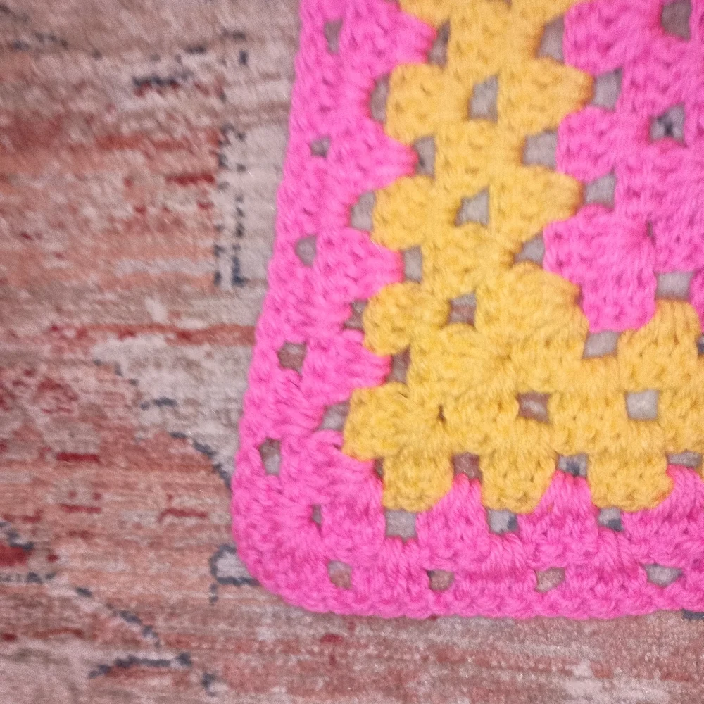 Granny Square  Hand Made Crochet Hot Pink yellow Small Lap Blanket